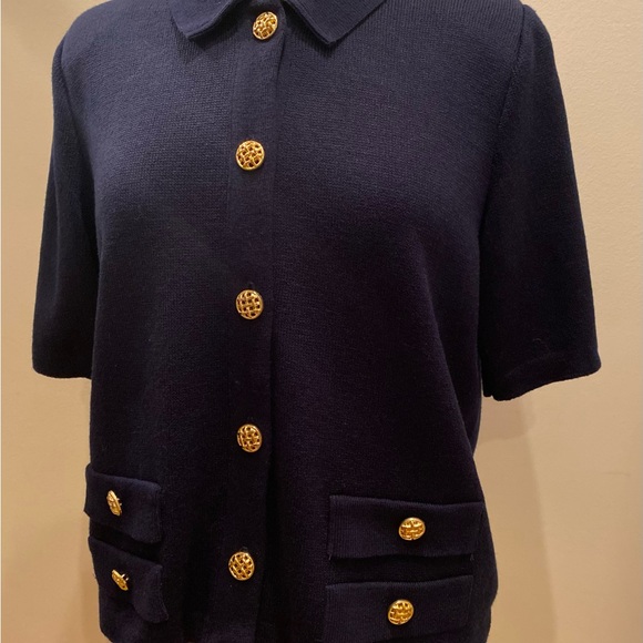 Mita Vintage Womens Navy Short Sleeve Knit Top Blazer w gold Buttons / Size 14 - Picture 5 of 9